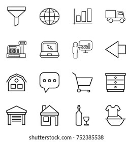 thin line icon set : funnel, globe, graph, truck, cashbox, notebook, presentation, left arrow, house, sms, cart, chest of drawers, garage, wine, handle washing