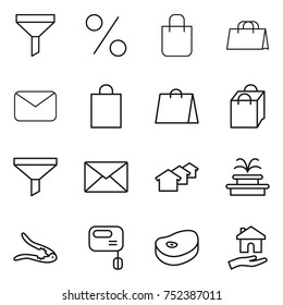 thin line icon set : funnel, percent, shopping bag, mail, houses, fountain, walnut crack, mixer, steake, housing