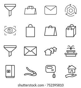 thin line icon set : funnel, shopping bag, mail, around gear, eye identity, houses, fountain, fridge, walnut crack, mixer, housing