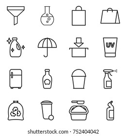 thin line icon set : funnel, round flask, shopping bag, cleanser, dry cargo, package, uv cream, fridge, ketchup, bucket, sprayer, garbage, trash bin, washing powder, toilet