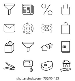 thin line icon set : funnel, newspaper, percent, shopping bag, mail, around gear, eye identity, houses, fridge, walnut crack, mixer, steake, housing