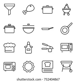 thin line icon set : funnel, chicken leg, pan, bbq, cauldron, chief hat, apron, garlic clasp, microwave oven, grill, induction, cooking book