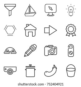 thin line icon set : funnel, boat, monitor arrow, bulb, hex molecule, home, right, medal, dome house, pencil, camera, do not distrub, surveillance, pan, eggplant, bucket