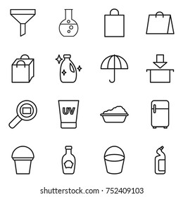 thin line icon set : funnel, round flask, shopping bag, cleanser, dry cargo, package, search, uv cream, washing, fridge, bucket, ketchup, toilet
