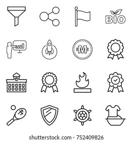 thin line icon set : funnel, share, flag, bio, presentation, rocket, crypto currency, medal, university, flammable, tennis, shield, handwheel, handle washing