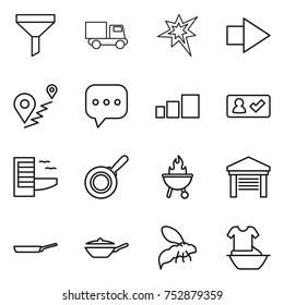 thin line icon set : funnel, truck, bang, right arrow, route, sms, sorting, check in, hotel, pan, bbq, garage, wasp, handle washing