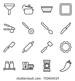thin line icon set : funnel, steam pan, colander, cutting board, garlic clasp, skimmer, big spoon, knife, chef, rolling pin, meat hammer, induction oven, salt pepper, food processor, pasta, hot