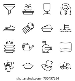 thin line icon set : funnel, fountain, fragile, life vest, jet ski, jellyfish, washing, pool, plate, watering can, water pump, sponge, wiping, foam basin, floor, home call cleaning