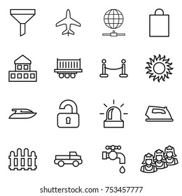 thin line icon set : funnel, plane, globe connect, shopping bag, cottage, truck shipping, vip fence, sun, yacht, unlocked, alarm, iron, pickup, water tap, outsource