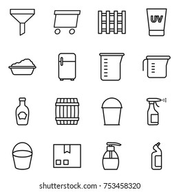 thin line icon set : funnel, delivery, pallet, uv cream, washing, fridge, measuring cup, ketchup, barrel, bucket, sprayer, package, liquid soap, toilet cleanser