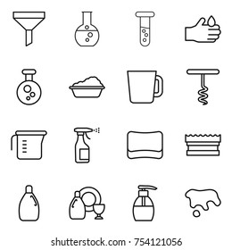 thin line icon set : funnel, round flask, vial, acid, chemical, washing, cup, corkscrew, measuring, sprayer, sponge, cleanser, dish, liquid soap, spot