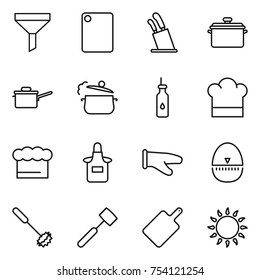 Thin Line Icon Set : Funnel, Cutting Board, Stands For Knives, Pan, Saute, Steam, Vegetable Oil, Cook Hat, Chief, Apron, Glove, Egg Timer, Whisk, Meat Hammer, Gas Oven