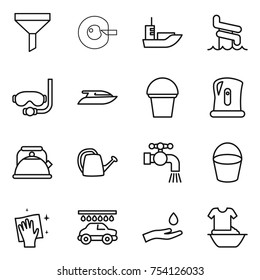 thin line icon set : funnel, cell corection, sea shipping, aquapark, diving mask, yacht, bucket, kettle, watering can, water tap, wiping, car wash, hand and drop, handle washing