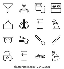 thin line icon set : funnel, spinner, scales weight, tools, loading crane, anchor, fridge, stands for knives, colander, garlic clasp, big spoon, knife, toaster, scissors, water pump