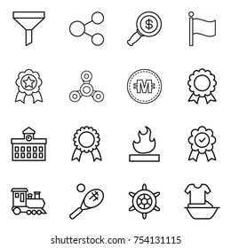 thin line icon set : funnel, share, dollar magnifier, flag, medal, spinner, crypto currency, university, flammable, train, tennis, handwheel, handle washing
