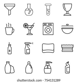 thin line icon set : funnel, round flask, vial, wineglass, hot drink, cocktail, washing machine, cauldron, vegetable oil, sprayer, sponge, shampoo, cleanser, liquid soap, toilet