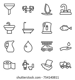 thin line icon set : funnel, palm hammock, windsurfing, water tap, sink, bath, kettle, fish, jug, drop, car wash, hand and, toilet paper, cleaning, floor washing, home call