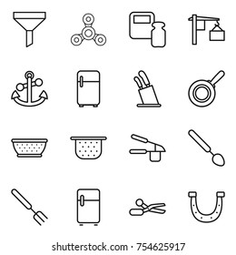 thin line icon set : funnel, spinner, scales weight, loading, anchor, fridge, stands for knives, pan, colander, garlic clasp, big spoon, fork, scissors, horseshoe