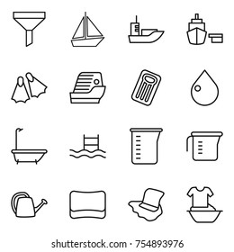 thin line icon set : funnel, boat, sea shipping, port, flippers, cruise ship, inflatable mattress, drop, bath, pool, measuring cup, watering can, sponge, floor washing, handle