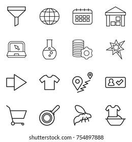 thin line icon set : funnel, globe, calendar, warehouse, notebook, round flask, virtual mining, bang, right arrow, t shirt, route, check in, cart, pan, wasp, handle washing thin line icon set : funnel, globe, calendar, warehouse, notebook, round flask, virtual mining, bang, right arrow, t shirt, route, check in, cart, pan, wasp, handle washing