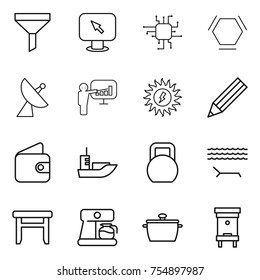 thin line icon set : funnel, monitor arrow, chip, hex molecule, satellite antenna, presentation, sun power, pencil, wallet, sea shipping, heavy, lounger, stool, coffee maker, pan, hive