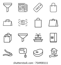 thin line icon set : funnel, newspaper, sale, shopping bag, eye identity, fountain, fridge, walnut crack, mixer, steake, housing