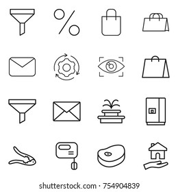 thin line icon set : funnel, percent, shopping bag, mail, around gear, eye identity, fountain, fridge, walnut crack, mixer, steake, housing