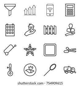 thin line icon set : funnel, graph up, phone wireless, calculator, building, real estate, fence, client, suitcase, starfish, cutting board, scissors, thermometer, ecology, duster, home call cleaning