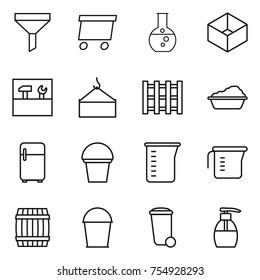 thin line icon set : funnel, delivery, round flask, box, tools, loading crane, pallet, washing, fridge, bucket, measuring cup, barrel, trash bin, liquid soap