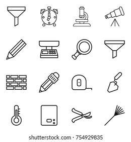 thin line icon set : funnel, alarm clock, microscope, telescope, pencil, market scales, magnifier, brick wall, measuring tape, construction, thermometer, kitchen, pruner, rake