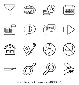 thin line icon set : funnel, team, diagram, calendar, cashbox, money message, presentation, right arrow, house, route, earth, no smoking, pan, viruses, wasp