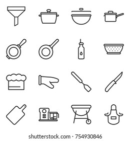 thin line icon set : funnel, pan, cauldron, saute, vegetable oil, colander, chief hat, cook glove, spatula, knife, cutting board, food processor, bbq, apron