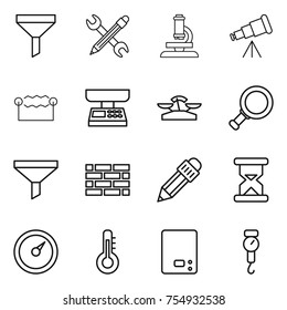 thin line icon set : funnel, pencil wrench, microscope, telescope, electrostatic, market scales, magnifier, brick wall, sand clock, barometer, thermometer, kitchen, handle
