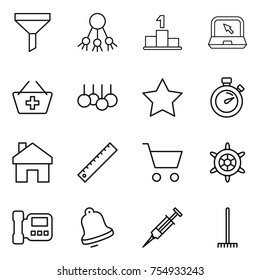 thin line icon set : funnel, share, pedestal, notebook, add to basket, sale, star, stopwatch, home, ruler, cart, handwheel, intercome, bell, syringe, rake