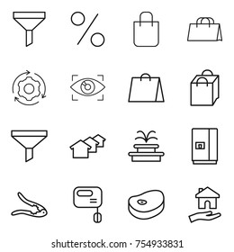 thin line icon set : funnel, percent, shopping bag, around gear, eye identity, houses, fountain, fridge, walnut crack, mixer, steake, housing