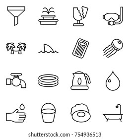 thin line icon set : funnel, fountain, broken, diving mask, palm hammock, shark flipper, inflatable mattress, jellyfish, water tap, pool, kettle, drop, hand, bucket, soap, bath
