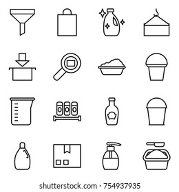 thin line icon set : funnel, shopping bag, cleanser, loading crane, package, cargo search, washing, bucket, measuring cup, spices, ketchup, liquid soap, powder