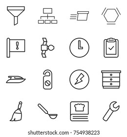 thin line icon set : funnel, hierarchy, delivery, hex molecule, important flag, satellite, clock, clipboard check, yacht, do not distrub, electricity, chest of drawers, broom, ladle, cooking book