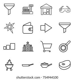 thin line icon set : funnel, cashbox, warehouse, smart glasses, bang, wallet, right arrow, sorting, hotel, cart, pan, bbq, steake