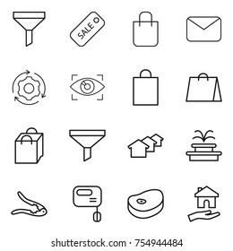 thin line icon set : funnel, sale, shopping bag, mail, around gear, eye identity, houses, fountain, walnut crack, mixer, steake, housing