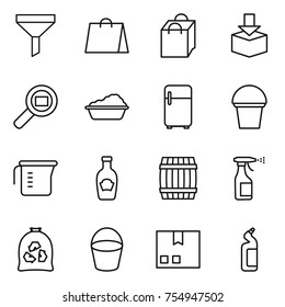 thin line icon set : funnel, shopping bag, package, cargo search, washing, fridge, bucket, measuring cup, ketchup, barrel, sprayer, garbage, toilet cleanser