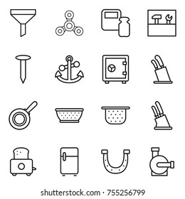 thin line icon set : funnel, spinner, scales weight, tools, nail, anchor, safe, stands for knives, pan, colander, knife holder, toaster, fridge, horseshoe, water pump