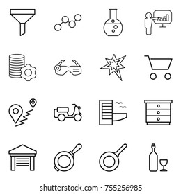 thin line icon set : funnel, graph, round flask, presentation, virtual mining, smart glasses, bang, cart, route, scooter shipping, hotel, chest of drawers, garage, pan, wine