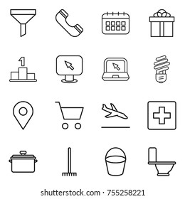 thin line icon set : funnel, phone, calendar, gift, pedestal, monitor arrow, notebook, bulb, geo pin, cart, arrival, first aid, pan, rake, bucket, toilet