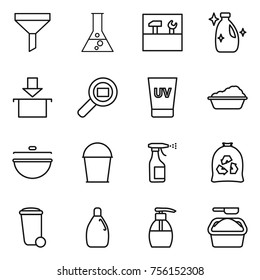 Thin line icon set : funnel, flask, tools, cleanser, package, cargo search, uv cream, washing, cauldron, bucket, sprayer, garbage bag, trash bin, liquid soap, powder