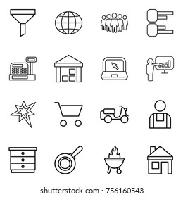 Thin line icon set : funnel, globe, team, diagram, cashbox, warehouse, notebook, presentation, bang, cart, scooter shipping, workman, chest of drawers, pan, bbq, house