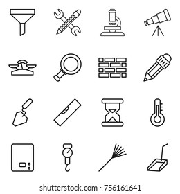 Thin line icon set : funnel, pencil wrench, microscope, telescope, scales, magnifier, brick wall, construction, level, sand clock, thermometer, kitchen, handle, rake, scoop