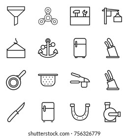 Thin line icon set : funnel, spinner, tools, loading, crane, anchor, fridge, stands for knives, pan, colander, garlic clasp, knife holder, horseshoe, water pump
