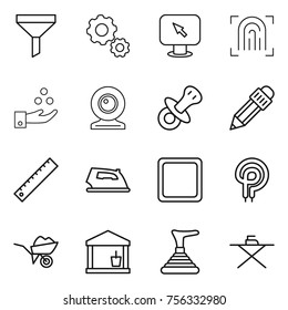 Thin line icon set : funnel, gear, monitor arrow, fingerprint, chemical industry, web cam, nipple, pencil, ruler, iron, cutting board, elecric oven, wheelbarrow, utility room, plunger