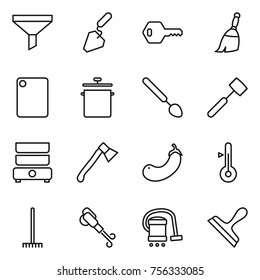 Thin line icon set : funnel, construction, key, broom, cutting board, pan, big spoon, meat hammer, double boiler, axe, eggplant, thermometer, rake, blower, vacuum cleaner, scraper